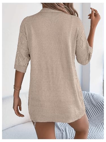 OYOANGLE Women's Crochet Hollow Out Knit Oversized Sweater Top 3/4 Sleeve Lightweight Open Front Cardigan2