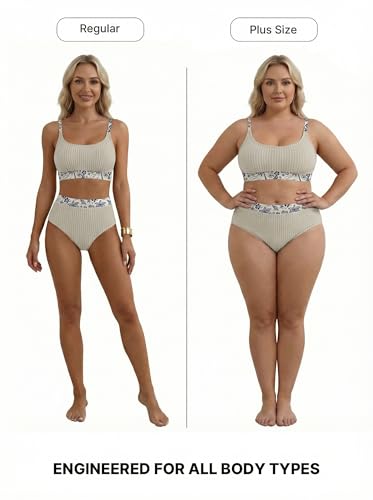Image of Herseas Women's Textured Bikini Sets Floral Print Trim Scoop Neck Swimsuits High Waisted Bathing Suits