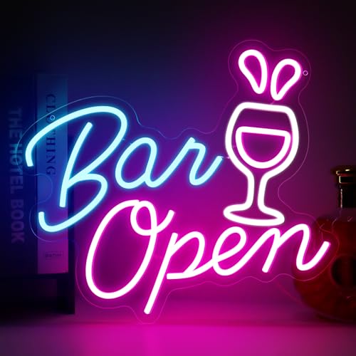 inShareplus Panneau LED « Bar Open Neon » en forme de verre à vin, à intensité variable, avec alimentation USB, enseigne lumineuse pour bar, bar, club,...