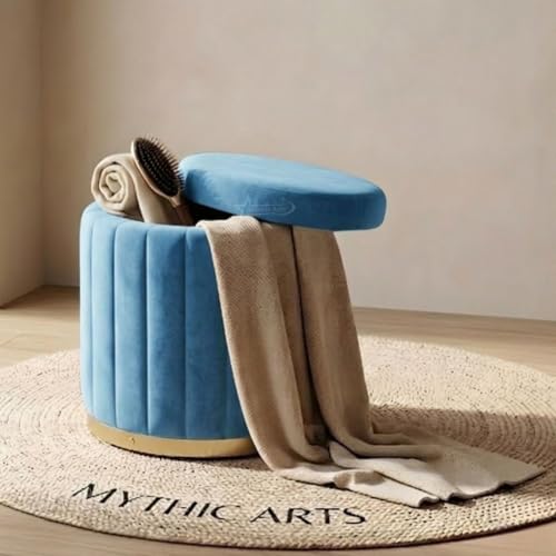 Image of Superior Round Storage Ottoman Stool 16 X 16X 19 inch, with Gold Metal Base | Elegant Pouffe with Secret Storage | Cushioned Footrest for Living Room, Bedroom, and Lounge Sky Blue