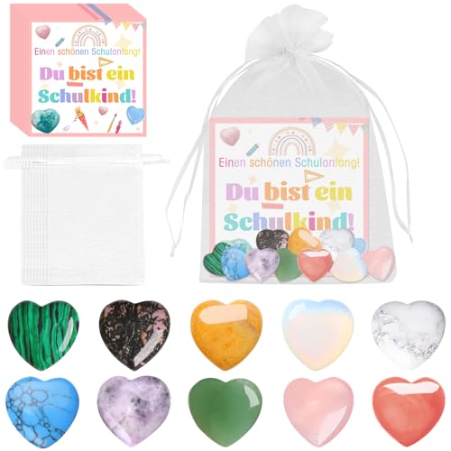 Znnhnn 10 x Mutstein für Kinder Einschulung, Glückssteine mit Grußkarte und Organza Beutel, Lernstein zur Einschulung, Glücksbringer, Mutstein Einschulungsgeschenk, Schultüte Füllung