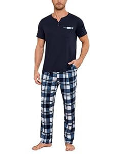 Bresdk Schlafanzug Herren Lang Pyjama Winter Baumwolle Kariert Pyjamahose Hausanzug Kuschelig Schlafanzüge Blau L