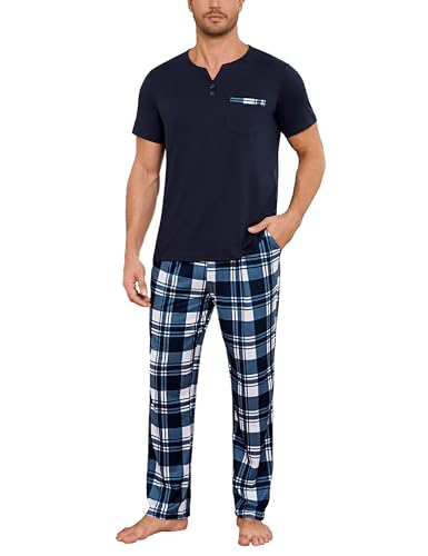 Bresdk Pyjama Homme Coton Court pour l'Été - T-Shirt à Manches Courtes Col V et Pantalon Long Vêtements de Nuit Deux Pièces Bleu L