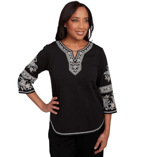 Alfred Dunner Women's Beaded Neck Embroidered Sleeve Top