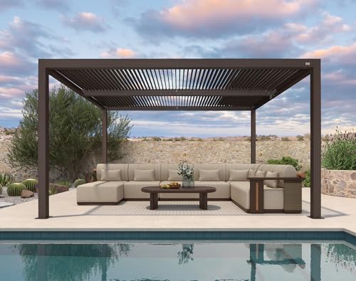 PURPLE LEAF Louvered Pergola 10' × 14' Outdoor Hardtop Gazebo Adjustable Aluminum Sun Shade for Deck Garden Backyard Patio Retractable Roof Canopy Bronze