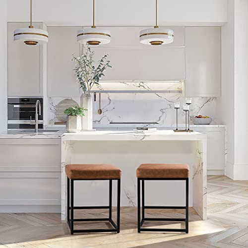 Kemon 24 Inch Bar Stools Set Of 2 Modern Pu Leather Metal Barstool Backless Kitchen Dining Cafe Stool Counter Height Upholstered Bar Stool With Footrest，Brown #TOP2