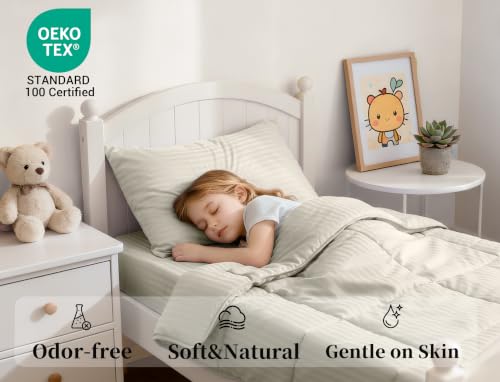 Image of ZPECC Toddler Bedding Set - 4 Piece Hypoallergenic Baby Crib Bedding Set for Boys and Girls, Includes Toddler Comforter, Flat Sheet, Fitted Sheet and Pillowcase, Cream Stripe
