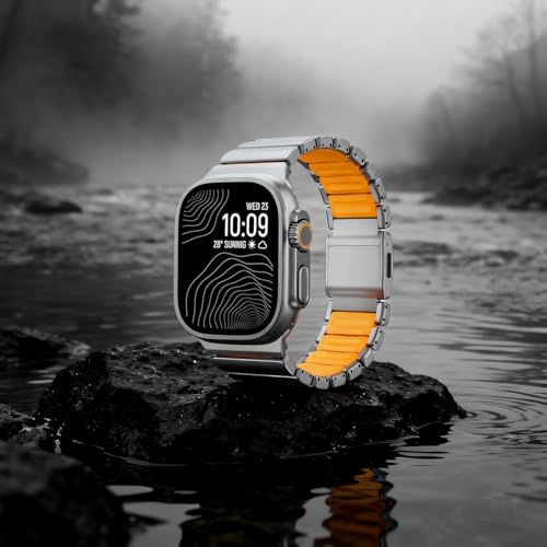 Image of Morofy Titanium Silicone Dual-Layer Link Bands Compatible with Apple Watch Band Ultra 3 /2 /1 49mm 46mm 45mm 44mm Men Women Magnetic Clasp Metal Strap for iwatch Series 11 10 9 8 7 6 5 4 SE (Silver|Orange)
