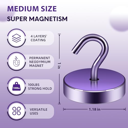 Image of Neosmuk Magnetic Hooks Steel Tube Design for Cruise,100lb+ Purple,10 Pack | Cruise Ship Essentials,Heavy Duty Magnett Hooks for Cabins, Refrigerator, Grill, Hanging, and Travel Extra Strong Must-Haves