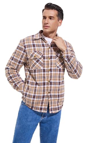 Image of Men's Sherpa Cotton Flannel Shirt Jacket Plaid Button Coat Pocket