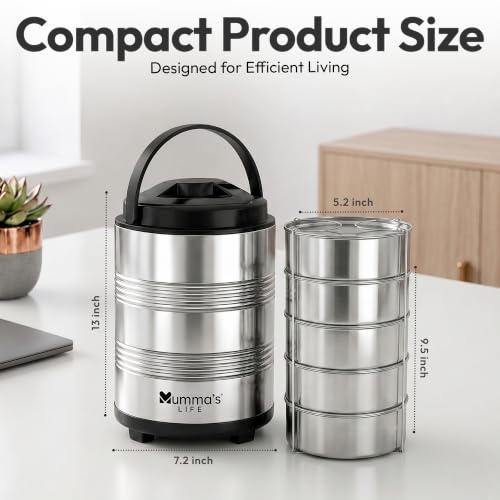 Image of Mumma's LIFE Lunch Box Steel Stainless | 5 Container Multipurpose Dishwasher Safe Tiffin Box for Office Use & School | Silver Finish Meal Carrier for Daily Use