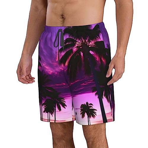 Palm Tree Purple Sunset Men's Standard Quick Dry Swim Trunk,Casual Mens Swim Trunks with Mesh Lining2