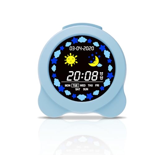 Shayson Reloj Entrenador de Sueño para Niños – Reloj Despertador Digital Infantil para Entrenamiento del Sueño, Pantalla LCD con Modos Día y Noche, 6 Sonidos de Alarma, Alimentado por USB (Azul)