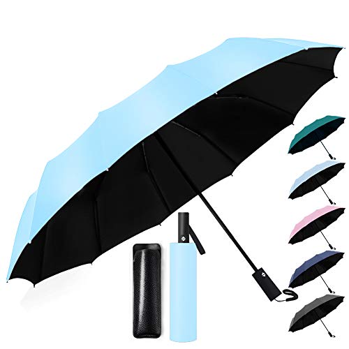 【2020年強化版 12本骨】折りたたみ 傘 ワンタッチ 自動開閉 高強度グラスファイバー 強風に強い傘 メンズ 大きい 超撥水 梅雨対策 台風対応 晴雨兼用 レディース 日傘 UPF50+ UVカット紫外線遮蔽率99% 直径106cm 丈夫な 収納ポーチ付き （スカイブルー）