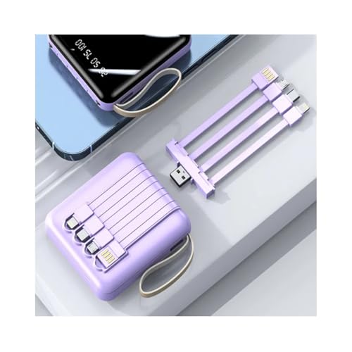Banco de energía, para S y teléfonos, con cable integrado, pantalla de espejo de gran capacidad, portátil, portátil, portátil, pequeño cargador de batería portátil (20000 mAh/morado)