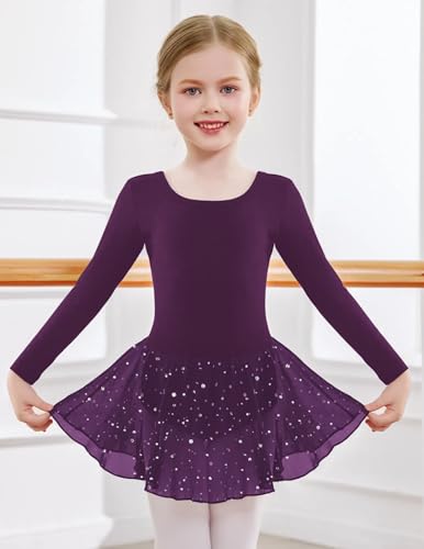Arshiner Kids Girls Classic Long Sleeve Leotard With Shinny Skirts Dance Ballet Dress,Dark Purple,6-7Y thumb #1