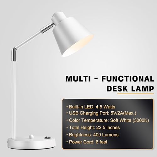 Image of Anxingtools LED Desk Lamp with Dual USB Charging Ports, 100% Metal, 270 Swivel Arms, Soft White Light (3000K), Bedside Reading Lamp, Home Office Lamp(White)