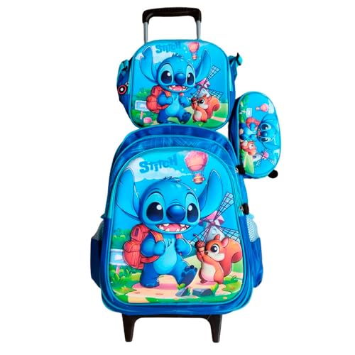 Kit Mochila Stitch 3D em Alto Relevo com Rodinhas Infantil + Lancheira Térmica + Estojo Escolar Infantil