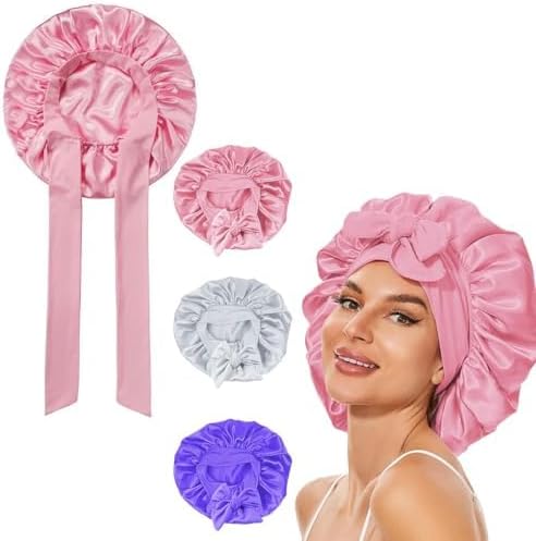 3 Pezzi Cappello Da Notte In Raso - Cuffia Per Capelli Ricci, Protezione Notte Anti-Groviglio - Rosa, Viola, Argento - Foto 9