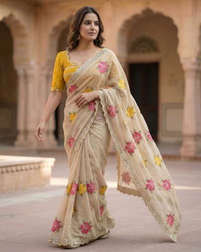 Image of Handcrafted Floral Embroidered Saree with Contrast Blouse