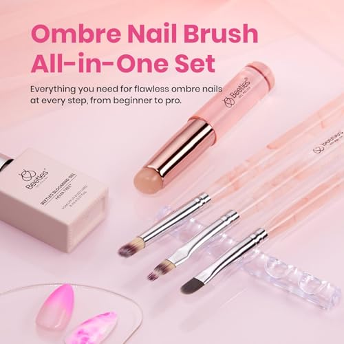 Image of Beetles Blooming Gel and Nail Art Brushes Set - Ombre Nail Brush Gradient Stipple Clean Up Fingernail Art Pens and Silicone Dotting Tool for Gel Polish Marble Blush Chrome DIY Manicure Designs