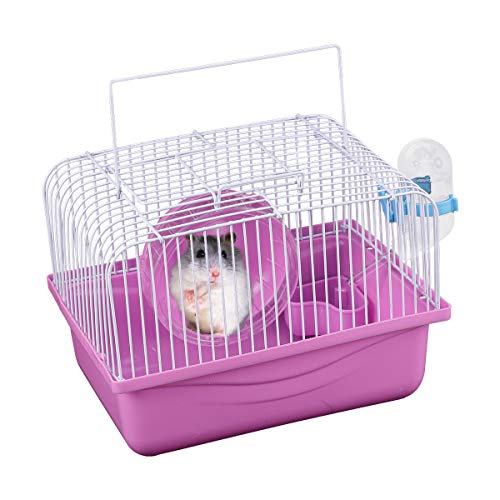 POPETPOP Hamster Carrier Cage-Portable Small Animal Cage with Exercise Wheel and Water Bottle for Gerbil,Rat,Chinchilla,Critter and Birds-Pink
