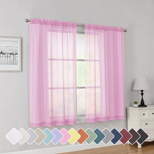 Image of Simplebrand Pink Short Sheer Curtains 45 Inch Length for Small Windows, Rod Pocket 2 Panels Set Solid Voile Drapes Window Sheer Curtains for Bedroom Bathroom Kids Room Kitchen, 42x45 Inch, 2pcs