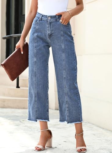 Image of Sidefeel Women's Jeans High Waisted Wide Leg Loose Fit Straight Leg Zimbaplatinum Cropped Denim Pants
