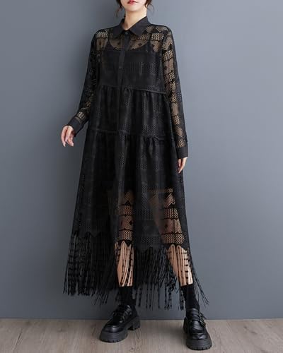 ellazhu Women's Dress Loose Oversize Casual Yarn-fabricated Holiday Maxi Black Lace Solid GZ337 A4