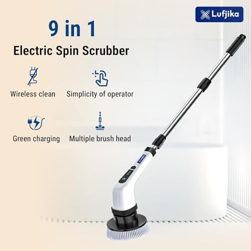 Image of Royal Electric Spin Scrubber, Cleaning Brush Scrubber for Home, 300RPM /Min, 8 Replaceable Brush Heads, 90 Min Work Time, 3 Adjustable Size, 2 Adjustable Speeds, for Bathroom, Floor Tiles (White)