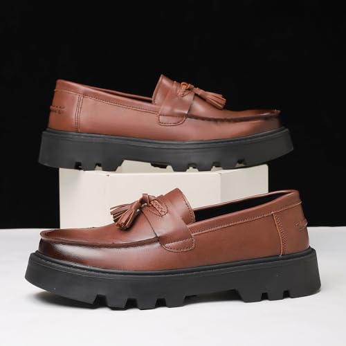 Image of Men's Black Soft Patent Leather Platform Chunky Heel Loafers Fashion Tassel Business Casual Formal Work Shoes Non-Slip Lug Sole Slip-On Penny Loafers