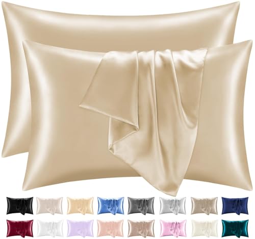Lazzaro Satin Silk Pillowcases for Hair and Skin - Hypoallergenic Silk Pillow Cases 2 Pack with Envelope Closure - Ultrasoft Standard Size Champagne Silk Pillowcases (50 x 75 cm)