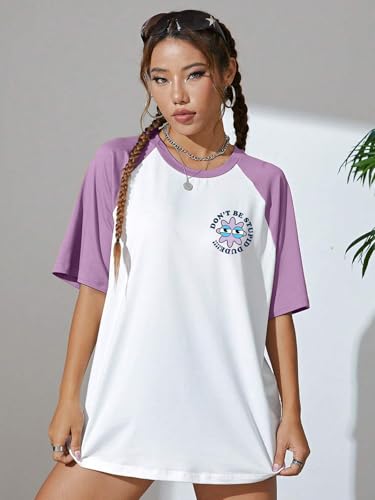 Image of JUNEBERRY 100% Pure Cotton Oversized Fit Drop Shoulder Graphic Printed Raglan Sleeves Boyfriend T-Shirt for Women (Sizes: S to 2XL)