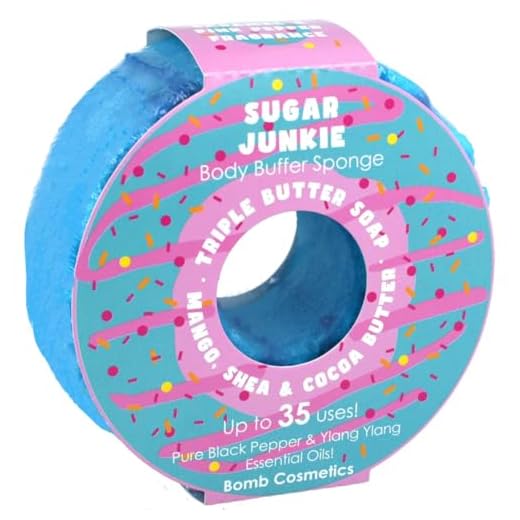 Bomb Cosmetics Body Buffer Soap Infused Sponge 2 in 1 Cleanse Peeling Moisturizing Triple Butter Soap Sponge with Soap Inside Sugar Junkie