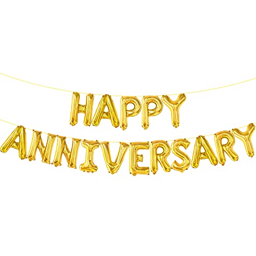 KatchOn, Letters Gold Happy Anniversary Balloons - Big, 16 Inch | Banner, Backdrop & Balloon Banner for Gold Happy Anniversary Decorations | Wedding anniversary Party Decorations | Anniversary Decor