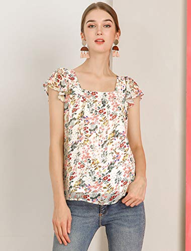 Allegra K Women's Floral Blouse 2025 Summer Casual Square Neck Chiffon Short Sleeve Easter Ruffle Shirts3