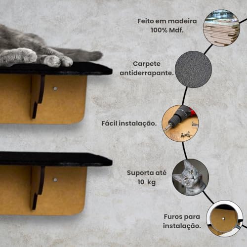 Kit 2 Prateleiras Com Carpete Para Gatos Em Mdf Fixa De Parede