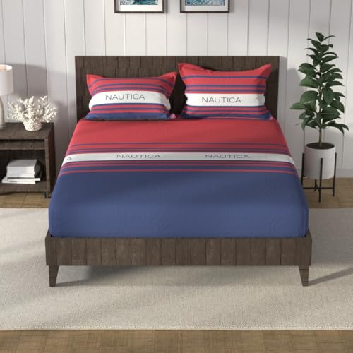 Image of NAUTICA Cotton King Bedsheet with 2 Pillow Covers -3pc Set (noridge) | 160TC | Super Soft Touch Stripe-red /Blue