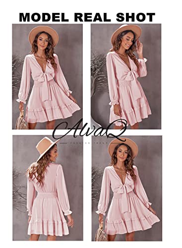 Image of AlvaQ Women Spring Fall Long Sleeve A Line Short Dress Sweet Sexy V Neck Knot Front Sundress Pink Medium