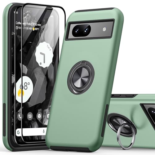 KOVASIA for Google Pixel 8A Case with 2-Pack Screen Protector 360 Rotating Metal Ring Stand Anti-Scratch Shockproof Phone Cover 3-in-1 Set Phone Case for Google Pixel 8A 6.1 Green