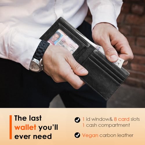 Image of RUNBOX Wallet for Men Slim Leather Bifold RFID Blocking Minimalist Front Pocket Design with Gift Box | Minimalist Front Pocket Design, Holds 8 Cards, RFID Protection, Gifts for Men on Birthdays, Father's Day, and Christmas