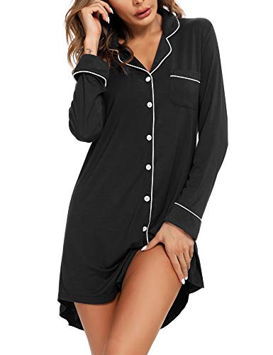 Women's Nightshirt Long Sleeve Button Down Nightgown Sleepwear Pajama Dress Black Xx-Large #TOP8