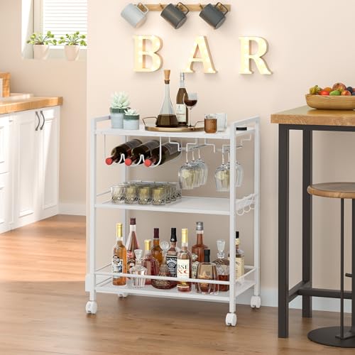 Image of Joaxswe Bar Cart,3-Tier Home Bar Serving Cart with Lockable Wheels,White | Microwave Cart,Mobile Kitchen Shelf,Rolling Beverage Cart with Wine Rack and Glass Holder for Kitchen,Dinning Room