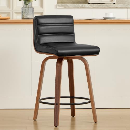 Image of Swivel Bar Stools Set of 2,26 inch Faux Leather Counter Height Barstools with Back,Mid Century Modern Upholstered Bar Chairs with Bentwood Legs Island Stools for Kitchen Counter Black