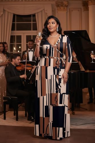 Image of Runwind Plus Size Dresses for Women Floral Maxi Dress Flowy 3 /4 Sleeve with Belt