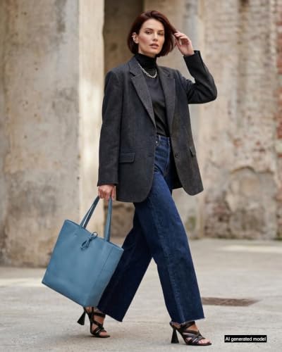 Image of Genuine Italian Leather Tote Bag for Women, Large Slouchy Purse, Denim | Unstructured bag, raw unlined interior with zip pocket, top zipper, side ties, folds flat, fits a 16-inch laptop, lightweight