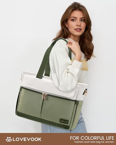 Image of LOVEVOOK Upgrade Version Work Bags for Women 15.6 Inch Laptop Bag Large Capacity Mutiple Pockets Teacher Bag Water Resistant Canvas Tote Bag Purse for Office Travel College Nurse Teacher, Green Beige
