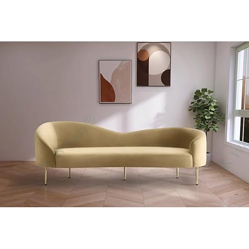 Image of Rosewood Luxury Curved Sofa in Premium Velvet-Fabric | Solid Wood Structure | High Density Foam | Sturdy Golden Legs | Comfortable & Stylish Couch for Modern Living Room (Camel, 3 Seater)