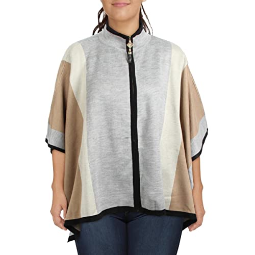 Image of Anne Klein Womens Colorblock Zip Front Poncho Sweater Gray L