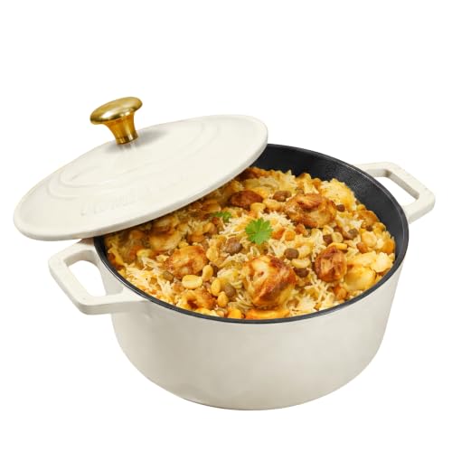 Image of CUMIN CO. Cast Iron Dutch Oven 5L, 26 cm | Induction Base Cookware | 10 Years Warranty | Non Toxic Non Stick Biryani Pot with Lid | Heavy Bottom | Chemical Free Coating | Free Accessories | White